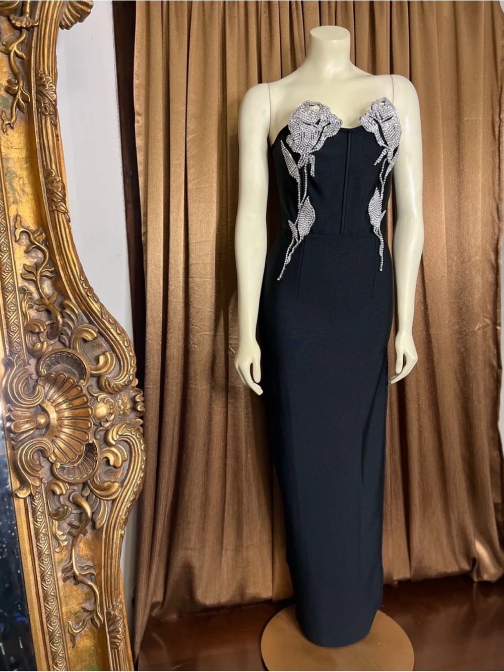 Black Strapless Evening Gown with Silver Beaded Appliqués
